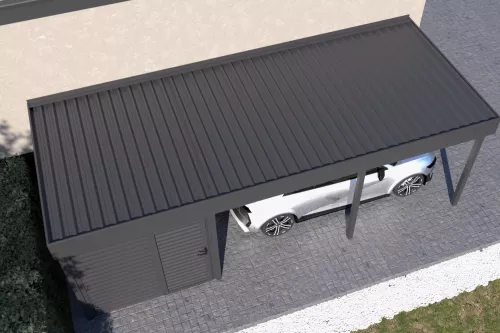 Anlehncarport STUK mit Geräteraum und festem isoliertem Dach