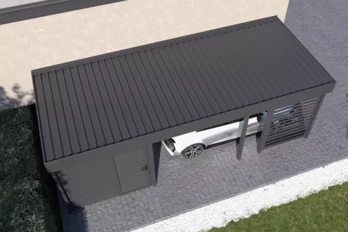 Anlehncarport STUK mit Geräteraum und Wänden mit festem isoliertem Dach