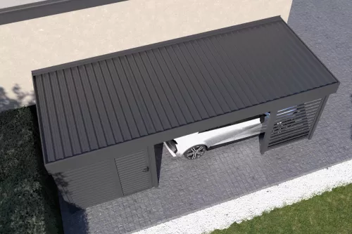 Anlehncarport STUK mit Geräteraum und Wänden mit festem Dach