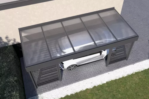 Anlehncarport STUK mit Sichtschutz und Acrylglasdach