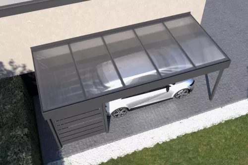 Anlehncarport STUK mit Wandverkleidung und Acrylglasdach 