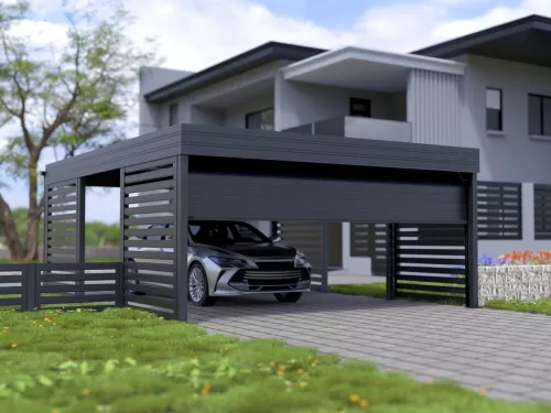 Doppelcarport STUK mit Garagentor und Sichtschutz