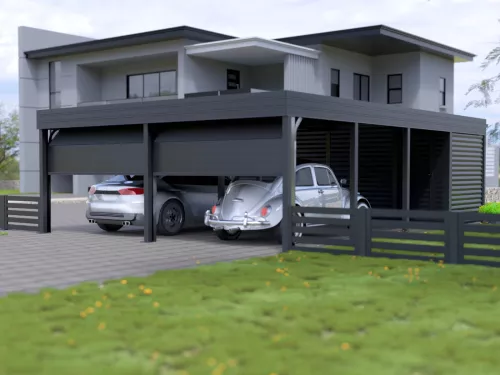 Doppelcarport STUK mit Garagentor und Geräteraum