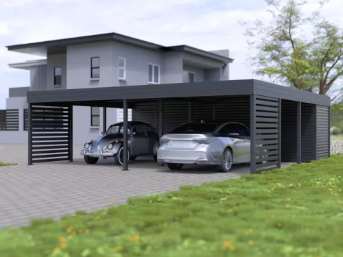 Dreiercarport STUK mit Abstellraum und Wänden