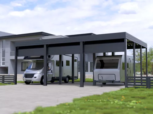 Dreiercarport STUK für Wohnmobil mit Garagentor