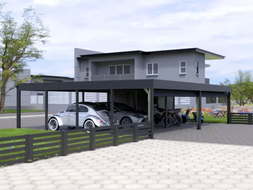 Dreiercarport STUK mit Garagentor und Geräteschuppen