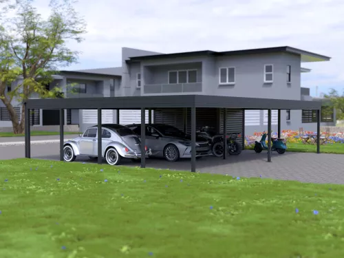 Dreiercarport STUK mit Geräteschuppen