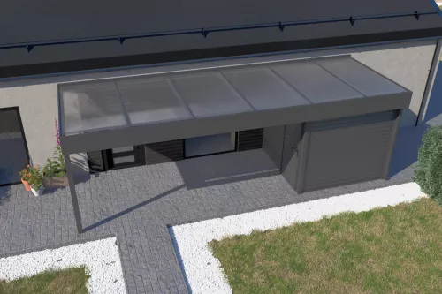 Eingangsüberdachung STUK mit Geräteraum und Acrylglasdach