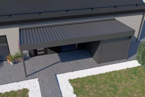Eingangsüberdachung STUK mit Geräteraum und festem Dach