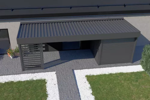 Eingangsüberdachung STUK mit Geräteraum und Wänden mit festem Dach