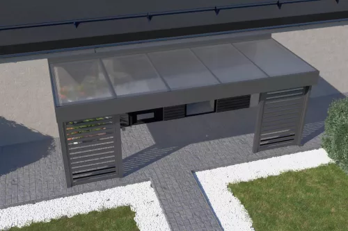 Eingangsüberdachung STUK mit Sichtschutz und Acrylglasdach