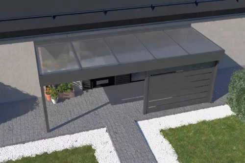 Eingangsüberdachung STUK mit Wandverkleidung und Acrylglasdach 