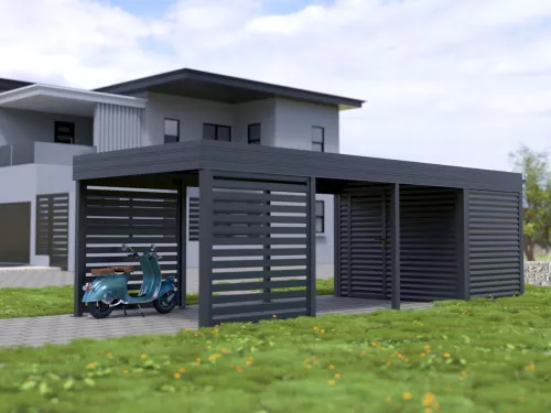 Einzelcarport STUK mit Abstellraum und Wänden