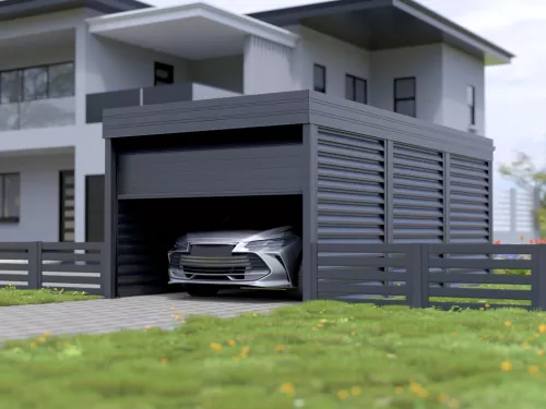 Einzelcarport STUK mit Garagentor und Garage