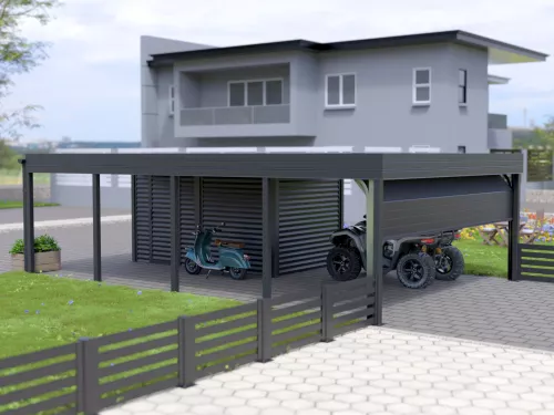 Einzelcarport STUK mit Garagentor und Geräteschuppen