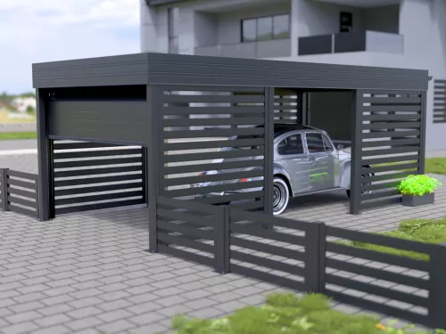 Einzelcarport STUK mit Garagentor und Sichtschutz