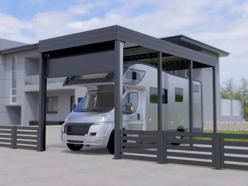 Einzelcarport STUK für Wohnmobil mit Garagentor