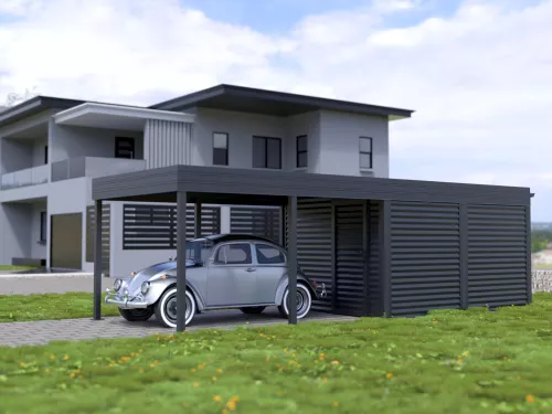 Einzelcarport STUK mit Schuppen