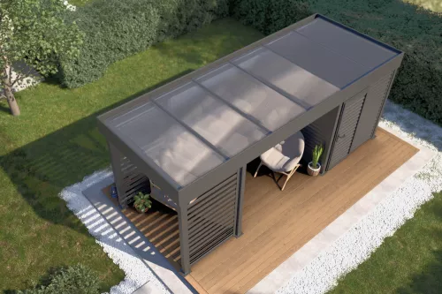 Pergola STUK mit Geräteraum und Wänden mit Acrylglasdach