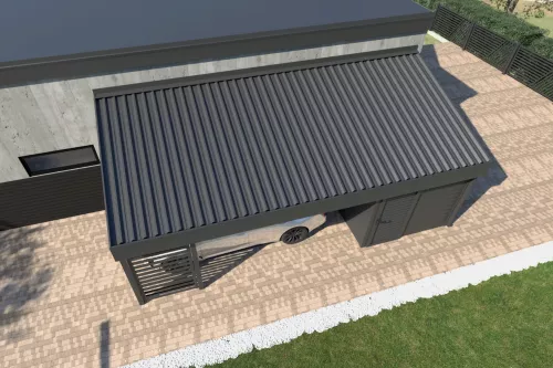 Pultdachcarport STUK mit Geräteraum und Wänden mit festem isoliertem Dach