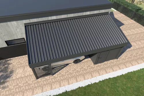 Pultdachcarport STUK mit Geräteraum und Wänden mit festem Dach