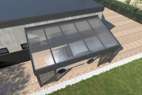 Pultdachcarport STUK mit Sichtschutz und Acrylglasdach