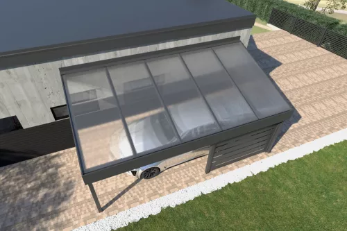 Pultdachcarport STUK mit Wandverkleidung und Acrylglasdach 