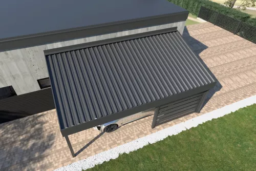 Pultdachcarport STUK mit Wandverkleidung und festem Dach