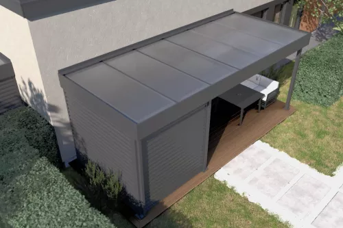 Terrassenüberdachung STUK mit Geräteraum und Acrylglasdach